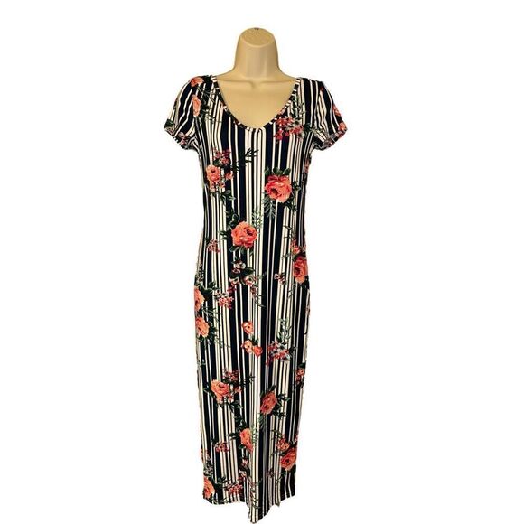 Floral Striped BodyCon Maxi Dress Size Small - Picture 1 of 6